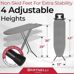 Bartnelli Classic Ironing Board With Iron Rest 43x13" Adjustable Height 4-Layer Cover, Made In Europe