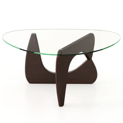 Tangkula Triangle Coffee Table W/ Tempered Glass Top & Adjustable Rubber Wood Base 11 Tangkula Triangle Coffee Table W/ Tempered Glass Top & Adjustable Rubber Wood Base - Image 11