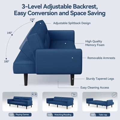 Dyonery 75.8" Convertible Futon Sofa Bed,3 Seater Linen Futon Couch,Adjustable Backrests,Folding Loveseat Sofa For Living Room,Office,Apartment 2 Dyonery 75.8" Convertible Futon Sofa Bed,3 Seater Linen Futon Couch,Adjustable Backrests,Folding Loveseat Sofa For Living Room,Office,Apartment - Image 2