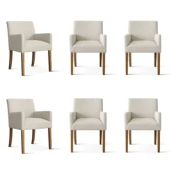 Set Of 6 Upholstered Dining Chairs, Modern Linen Armchairs With Solid Wood Legs, Comfortable Accent Chairs For Dining Room & Kitchen-Maison Boucle
