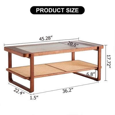 Modern Rattan Coffee Table,Rectangular Center Table With Tempered Glass Tabletop,2 Tier Wood Tea Table For Living Room Office Bedroom 3 Modern Rattan Coffee Table,Rectangular Center Table With Tempered Glass Tabletop,2 Tier Wood Tea Table For Living Room Office Bedroom - Image 3