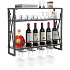 MOEPISY 3 Tiers Industrial Wall Mounted Wine Rack With Glass Holder And Metal Frame -Baxton Studio Shop GUEST 317489d9 5174 42b9 8624 41355ebf124b