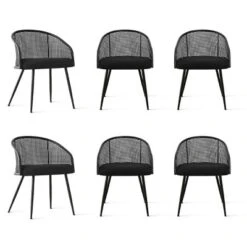 Set Of 6 Rattan Dining Chairs, Modern Upholstered Armchairs With Black Metal Frame & Woven Cane Back For Kitchen & Dining Room-Maison Boucle