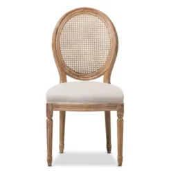 Adelia French Vintage Cottage Weathered Oak Wood Finish And Fabric Upholstered Dining Side Chair With Round Cane Back - Beige - Baxton Studio