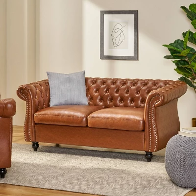 Silverdale Traditional Chesterfield Loveseat Cognac Brown/Dark Brown - Christopher Knight Home 1 Silverdale Traditional Chesterfield Loveseat Cognac Brown/Dark Brown - Christopher Knight Home