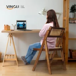 VINGLI 2-Pack Rattan Folding Chair, 360° Swivel Backrest, Rubberwood Frame