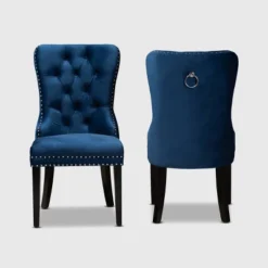 2pc Remy Velvet Upholstered Wood Dining Chair Set Blue/Espresso - Baxton Studio: Oak Frame, Soft Touch