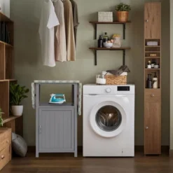 ORRD Solid Wood Folding Ironing Board With Storage Cabinet Heat Resistant Sponge For Small Spaces Laundry Room Gray