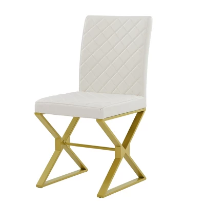 7 PCS Modern Dining Table Set, Marble Texture Kitchen Table And 6 PU Leather Chairs With X-Shaped Gold Steel Pipe Legs, White+Gold-ModernLuxe 10 7 PCS Modern Dining Table Set, Marble Texture Kitchen Table And 6 PU Leather Chairs With X-Shaped Gold Steel Pipe Legs, White+Gold-ModernLuxe - Image 10