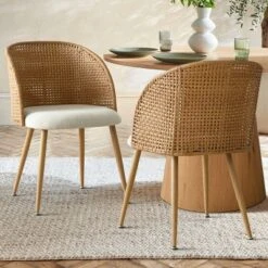 Modern Rattan Dining Chairs, Armchairs With Double-Woven Rattan Back And Beige Upholstered Seat, Natural Style Kitchen Chairs-Maison Boucle 18 Modern Rattan Dining Chairs, Armchairs With Double-Woven Rattan Back And Beige Upholstered Seat, Natural Style Kitchen Chairs-Maison Boucle -Baxton Studio Shop GUEST 343b3c35 2453 4b37 aafd edf95cb3e7e9