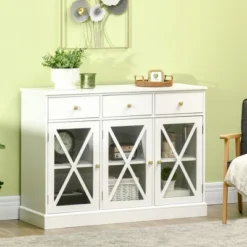 HOMCOM 45" Farmhouse Style Kitchen Sideboard, Serving Buffet Cabinet, Storage Cupboard With Glass Doors And 3 Drawers, White