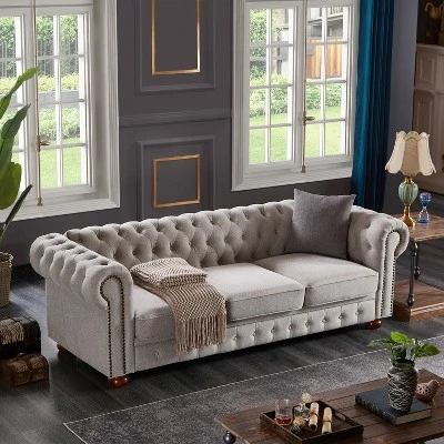 Chesterfield Linen Tufted Nailhead Upholstered Sofa With Wooden Legs - ModernLuxe 2 Chesterfield Linen Tufted Nailhead Upholstered Sofa With Wooden Legs - ModernLuxe - Image 2