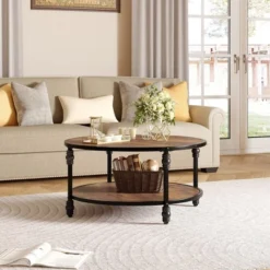 Whizmax Round Coffee Table, Rustic Wooden Surface Top & Sturdy Metal Legs Industrial Sofa Table For Living Room -Baxton Studio Shop GUEST 368db192 7e2a 42c9 9dd2 0d7565e8e4e7