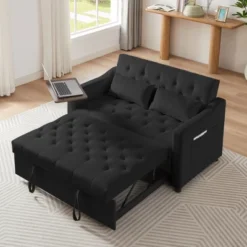 Velvet Sofa Bed With Tufted Back And Seat, 360° Side Table, Adjustable Backrest And Foam Cushion For Living Room