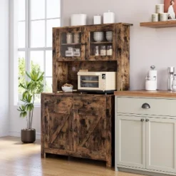 Farmhouse Pantry Cabinet, Kitchen Pantry Storage Cabinet With Microwave Stand, Rustic Buffet Sideboard With Sliding Door, Freestanding Cupboard -Baxton Studio Shop GUEST 37761edd fab0 44c7 a616 67683631599b