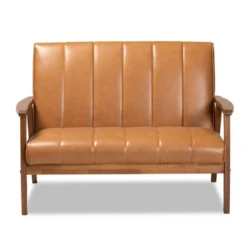 Nikko Mid-Century Faux Leather Upholstered Wood Loveseat Walnut/Brown - Baxton Studio