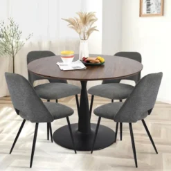 Harold+Edwin 5-Piece Walnut Foil Round Top Pedestal Dining Table Set With 4 Upholstered Chairs -The Pop Maison 22 Harold+Edwin 5-Piece Walnut Foil Round Top Pedestal Dining Table Set With 4 Upholstered Chairs -The Pop Maison -Baxton Studio Shop GUEST 38652c24 0d96 4d5e 9c36 8825da96c826