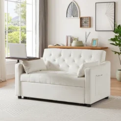 Velvet Sofa Bed With Tufted Back And Seat, 360° Side Table, Adjustable Backrest And Foam Cushion For Living Room -Baxton Studio Shop GUEST 3a333670 311f 4594 94bd 14a75593d41e