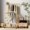 Artloge Thicken Double Rod Bamboo Hanging Clothes Rack Portable Rolling Coat Garment Stand Storage Organizer With Shoe Shelves & Wheels