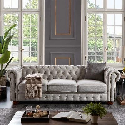 Chesterfield Linen Tufted Nailhead Upholstered Sofa With Wooden Legs - ModernLuxe 1 Chesterfield Linen Tufted Nailhead Upholstered Sofa With Wooden Legs - ModernLuxe