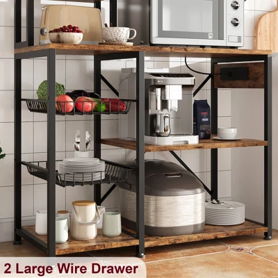 70.1" Bakers Rack With Power Output, Coffee Bar Station With 2 Big Metal Basket, Large Storage Rack, Coffee Stand Station 3 70.1" Bakers Rack With Power Output, Coffee Bar Station With 2 Big Metal Basket, Large Storage Rack, Coffee Stand Station - Image 3