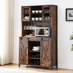 Garvee Coffee Bar Wine Cabinet With Sliding Barn Doors, 70" Tall Farmhouse Kitchen Hutch With Wine & Glasses Rack, For Kitchen, Dining Room -Baxton Studio Shop GUEST 3b27e6f5 284d 496c 9c40 9cb74254a77a