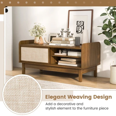 Costway Coffee Table Mid Century Modern Coffee Table With Storage Weaving Rattan Sliding Doors Adjustable Shelf 8 Costway Coffee Table Mid Century Modern Coffee Table With Storage Weaving Rattan Sliding Doors Adjustable Shelf - Image 8