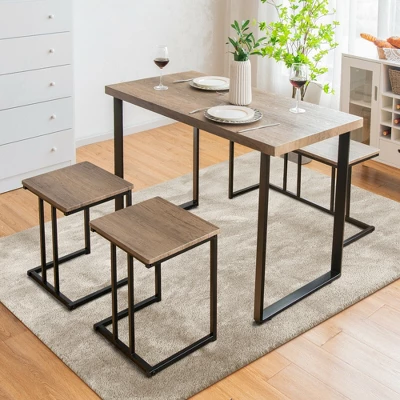 Costway 4-Piece Dining Table Set Industrial Dinette Set Kitchen Table W/Bench & 2 Stools 2 Costway 4-Piece Dining Table Set Industrial Dinette Set Kitchen Table W/Bench & 2 Stools - Image 2