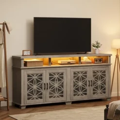 Farmhouse TV Stand For 80 Inch, Mid Century Entertainment Center With LED Lights, Wooden Media Cabinet With Glass Door For Living Room, Whitewash -Baxton Studio Shop GUEST 3c60ea5c 8981 4c4d 90d7 97a772e8e8dd