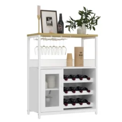 3-Tier Wine & Coffee Bar Cabinet With Storage Door, Liquor Cabinet With Wine Rack & Glass Holder For Kitchen, Dining Room, Living Room, White