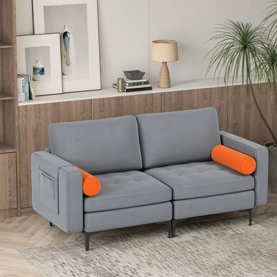 Costway Modern Loveseat 2-Seat Sofa Couch W/ 2 Bolsters Side Storage Pocket Ash Grey 4 Costway Modern Loveseat 2-Seat Sofa Couch W/ 2 Bolsters Side Storage Pocket Ash Grey - Image 4