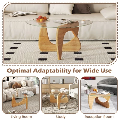 Tangkula Triangle Coffee Table W/ Tempered Glass Top & Adjustable Rubber Wood Base 7 Tangkula Triangle Coffee Table W/ Tempered Glass Top & Adjustable Rubber Wood Base - Image 7