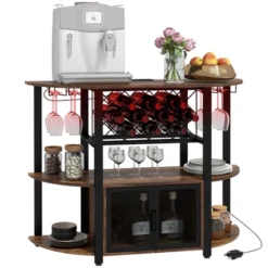 HOMCOM Wine Cabinet With Charging Station And LED Lights, Bar Cabinet With Wine Racks, Glass Holders, Mesh Doors And Open Shelves, Rustic Brown -Baxton Studio Shop GUEST 3e858bf7 1b4f 4cae a54a 3785f7c2e51e