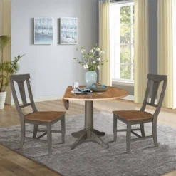 42" Round Dual Drop Leaf Dining Table With 2 Panel Back Chairs Hickory/Washed Coal - International Concepts -Baxton Studio Shop GUEST 3f47d4f1 e810 4395 8a39 048fa898039c