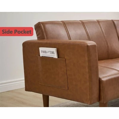 75" Futon Sofa Bed, Mid-Century Modern Futon Couch, Convertible Sleeper Sofa With Adjustable Backrest, PU Leather Sofa Couch For Living Room, Brown 6 75" Futon Sofa Bed, Mid-Century Modern Futon Couch, Convertible Sleeper Sofa With Adjustable Backrest, PU Leather Sofa Couch For Living Room, Brown - Image 6