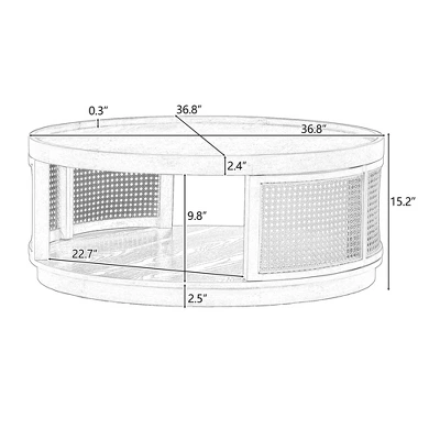 36.8'' Modern Round Coffee Table, 2 Tier Wooden Center Table With PE Rattan Side, Accent Cocktail End Table For Living Room Bedroom Office 2 36.8'' Modern Round Coffee Table, 2 Tier Wooden Center Table With PE Rattan Side, Accent Cocktail End Table For Living Room Bedroom Office - Image 2