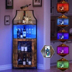 Corner Bar Cabinet, 61" Farmhouse Wine Rack With LED Light, Detachable 5-Tier Industrial Cabinet With Glass Holder & Adjustable Shelves-Brown -Baxton Studio Shop GUEST 3fc64de8 b0ea 4247 b8e4 80b98a5fd1b2
