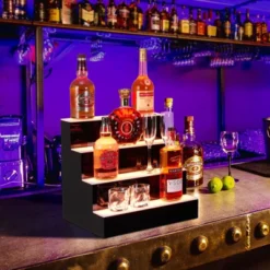 LED Lighted Liquor Bottle Display, 4 Tier 16 Inch LED Bar Display Shelf With Remote & App Control