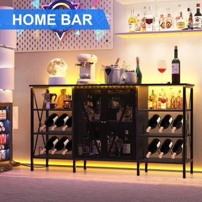 55.12" Farmhouse Wine Bar Cabinet With Wine Rack And Glass Holder, Rustic Coffee Bar ,Metal Sideboard And Liquor Table Cabinet 3 55.12" Farmhouse Wine Bar Cabinet With Wine Rack And Glass Holder, Rustic Coffee Bar ,Metal Sideboard And Liquor Table Cabinet - Image 3