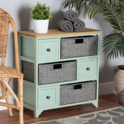 Valtina Two-Tone Wood 3 Drawer Storage Unit With Baskets Oak Brown/Gray/Mint Green - Baxton Studio -Baxton Studio Shop GUEST 407c217c fdd8 435a 811c c18edf4365b7
