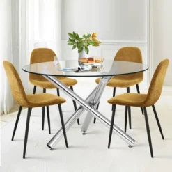 Eileen+Spoon 5-Piece Silver Round Clear Glass Dining Table Set With 4 Upholstered Chairs With Metal Legs -The Pop Maison -Baxton Studio Shop GUEST 40e4ca97 b6b0 400a beb5 de705bf7d7ef