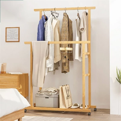 Artloge Thicken Double Rod Bamboo Hanging Clothes Rack Portable Rolling Coat Garment Stand Storage Organizer With Shoe Shelves & Wheels 6 Artloge Thicken Double Rod Bamboo Hanging Clothes Rack Portable Rolling Coat Garment Stand Storage Organizer With Shoe Shelves & Wheels - Image 6