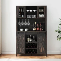 Farmhouse Coffee Bar Cabinet, Sliding Barn Doors Wine Bar Cabinet With Storage Shelves -Baxton Studio Shop GUEST 4167fe02 4b90 434f bdee 9e78b0de19b4