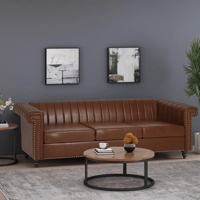 Drury Contemporary Channel Stitch 3 Seater Sofa With Nailhead Trim - Christopher Knight Home 1 Drury Contemporary Channel Stitch 3 Seater Sofa With Nailhead Trim - Christopher Knight Home