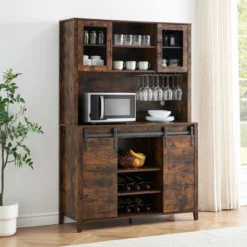 WhizMax 70" Farmhouse Coffee Bar Wine Cabinet With Sliding Barn Doors, Tall Kitchen Hutch With Wine & Glasses Rack, For Kitchen, Dining Room, Oak -Baxton Studio Shop GUEST 42098903 200a 4834 a690 e58be0081831
