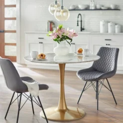 Kavitt Round Dining Table White/Gold - Angelo:Home