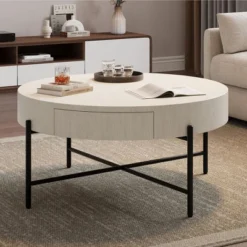 Round Coffee Table, Farmhouse Circle Center Table With 2 Storage Drawers, Wood Living Room Table -Baxton Studio Shop GUEST 426c656c 3bf4 42ce 8a52 78b1cae5127d