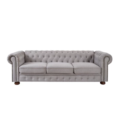 Chesterfield Linen Tufted Nailhead Upholstered Sofa With Wooden Legs - ModernLuxe 6 Chesterfield Linen Tufted Nailhead Upholstered Sofa With Wooden Legs - ModernLuxe - Image 6