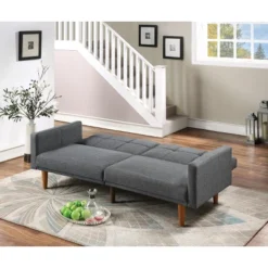 DOMETOUR Transitional Look Living Room Sofa Couch Convertible Bed Blue Grey Polyfiber 1pc Tufted Sofa Cushion Wooden Legs