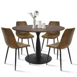 Harold+Bingo Modern 5 Piece Black Round Dining Table Set With Black Faux Leather Dining Chairs Set Of 4 With Walnut Finish Legs-Maison Boucle